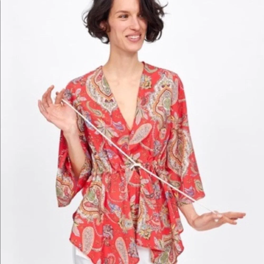 Zara Printed Top with Drawstring - Picture 1 of 8